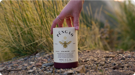 A hand picking up a Pùngao can in a natural, grassy setting.