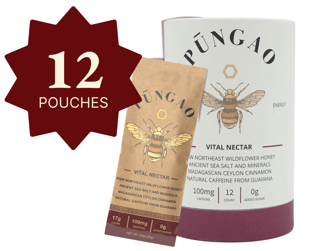 Pūngao Vital Nectar packaging with bee illustration and text about ingredients and caffeine content.
