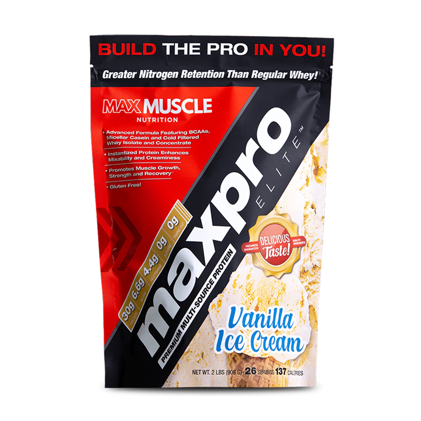 A bag of Max Muscle Nutrition maxpro ELITE protein powder in Vanilla Ice Cream flavor.