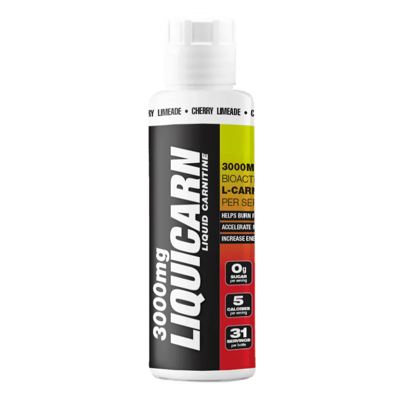 A bottle of 3000mg LiquiCarn Liquid Carnitine supplement against a black background.