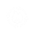 A white icon of a flame surrounded by four arrows in a circular pattern on a black background.