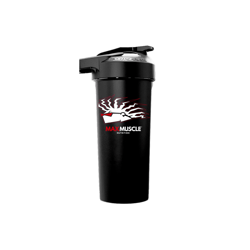 A black Max Muscle Nutrition sport shaker bottle against a black background.