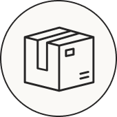 A line drawing icon of a sealed cardboard box within a circle.