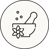 A circular line-drawing icon of a mortar and pestle with a flower.
