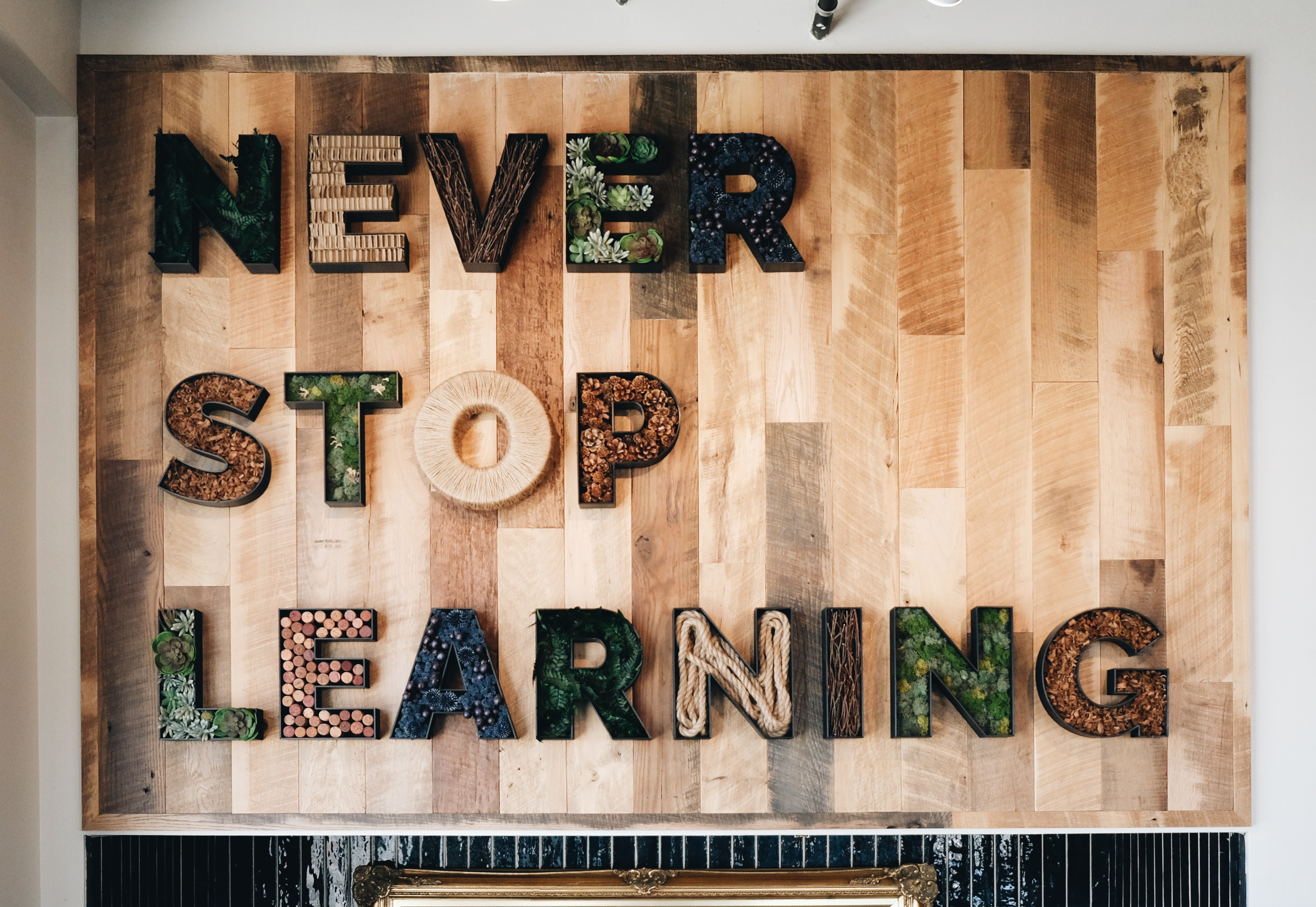 Wooden wall with letters spelling 'Never Stop Learning' using natural materials.