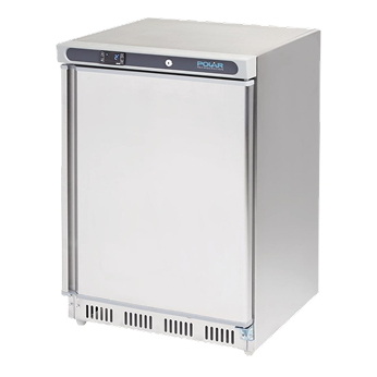 A two-door stainless steel commercial under-counter refrigerator on wheels, against a white background.