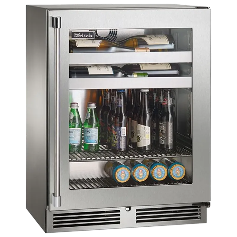 A stainless steel, glass-front beverage refrigerator stocked with wine, beer, sparkling water, and cans.
