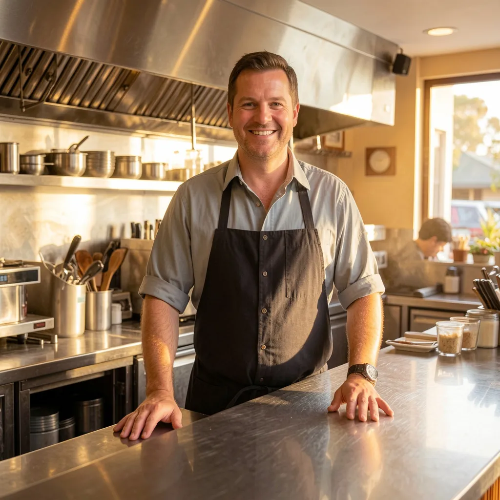 A smiling man in a black apron stands behind a stainless steel counter in a commercial kitchen.