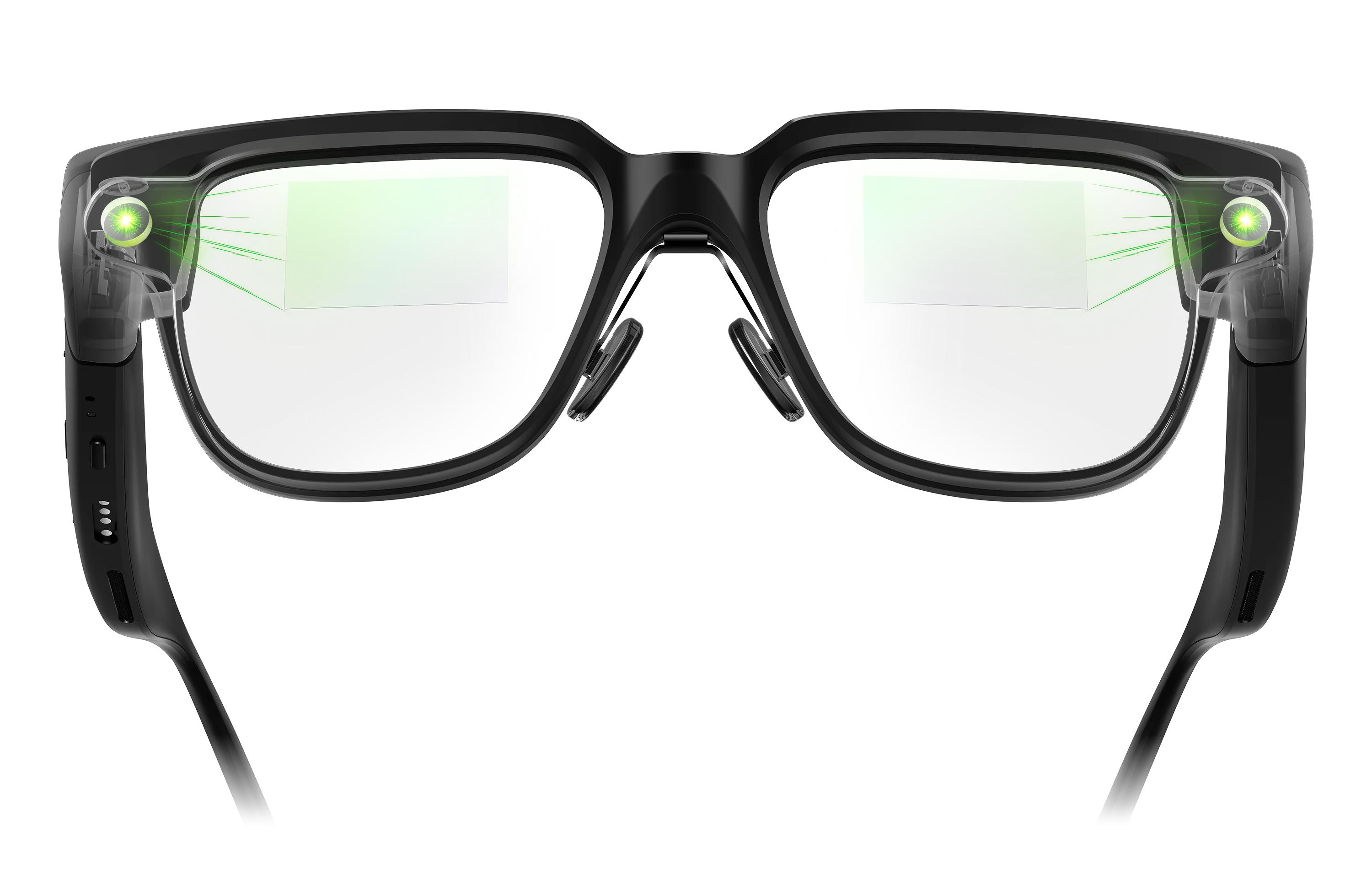 A pair of black augmented reality glasses projecting green light onto the lenses to create a display.