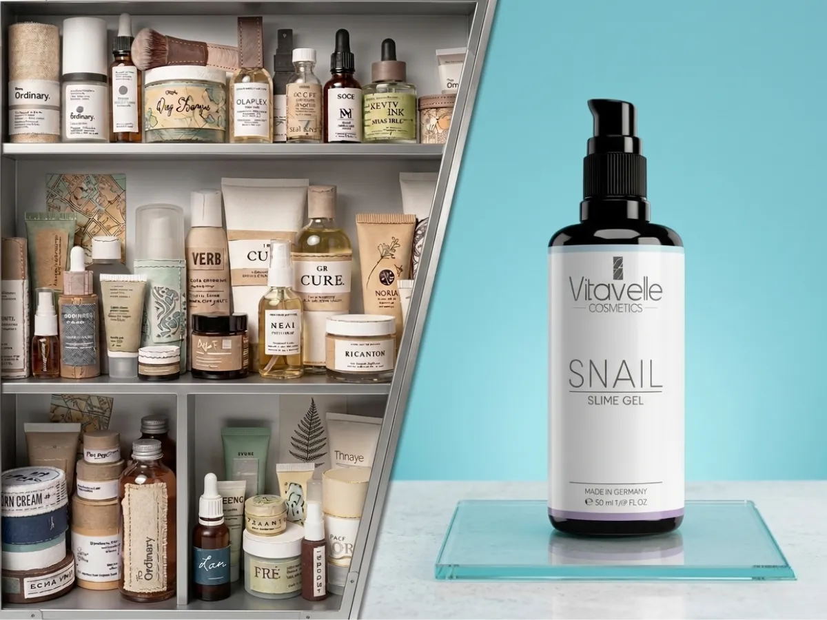 A cluttered cosmetics cabinet is contrasted with a single bottle of Vitavelle Snail Slime Gel.