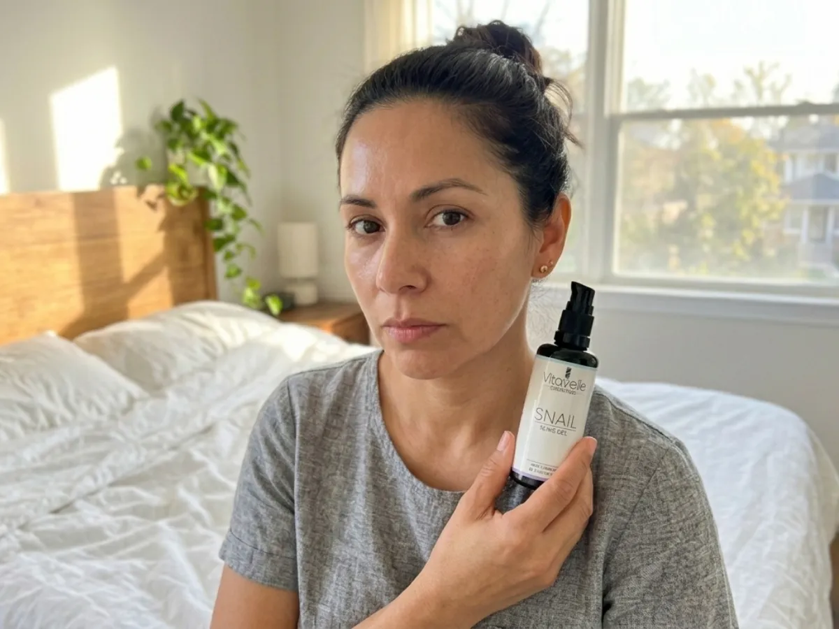 A woman in a grey t-shirt holds a bottle of Vitavelle Snail Slime Gel in a bedroom.
