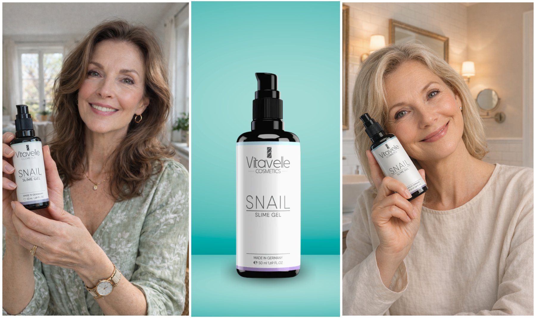 A three-panel collage shows two women and a close-up of a bottle of Vitavelle Snail Slime Gel.