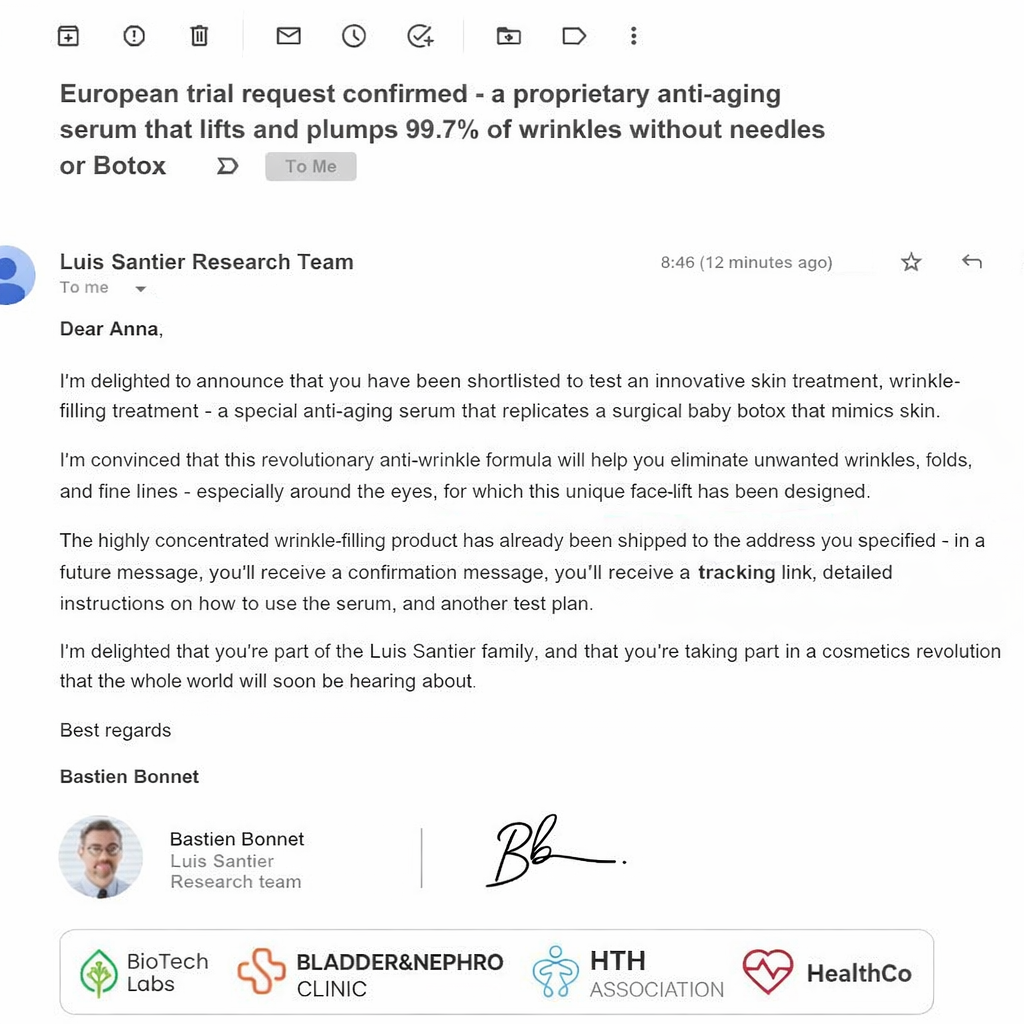 A screenshot of an email from the Luis Santier Research Team confirming a trial for an anti-aging serum.
