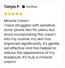 A five-star customer review from Tonya P. for a product called Miracle Cream, praising its gentleness and effectiveness.