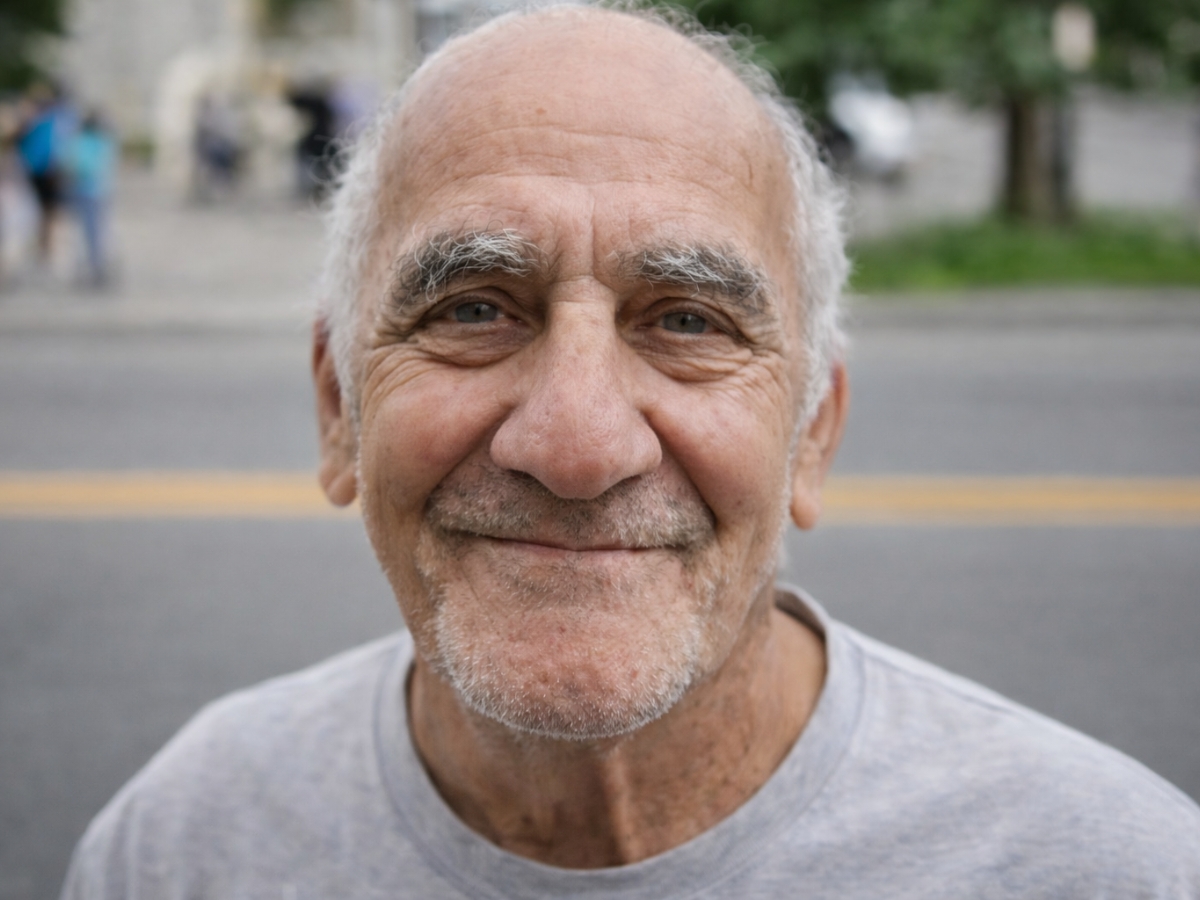 A close-up portrait of a smiling elderly man with white hair and eyebrows standing on a street.