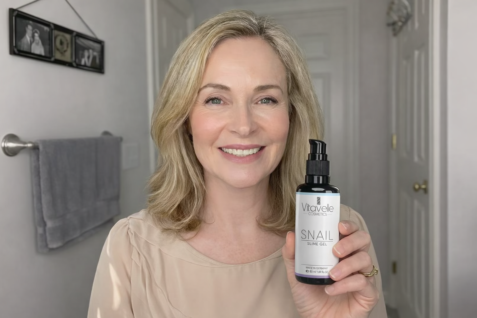 A smiling woman with blonde hair holds up a bottle of Vitavelle Cosmetics Snail Slime Gel.