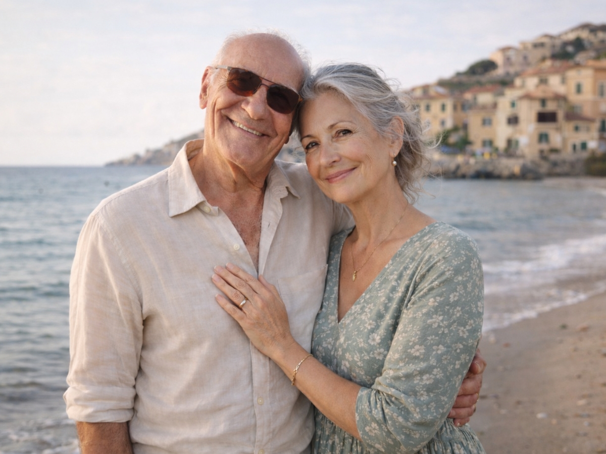 An older couple smiling and embracing on a beach with a coastal town in the background.