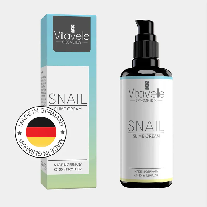 A bottle and box of Vitavelle Cosmetics Snail Slime Cream against a light background.