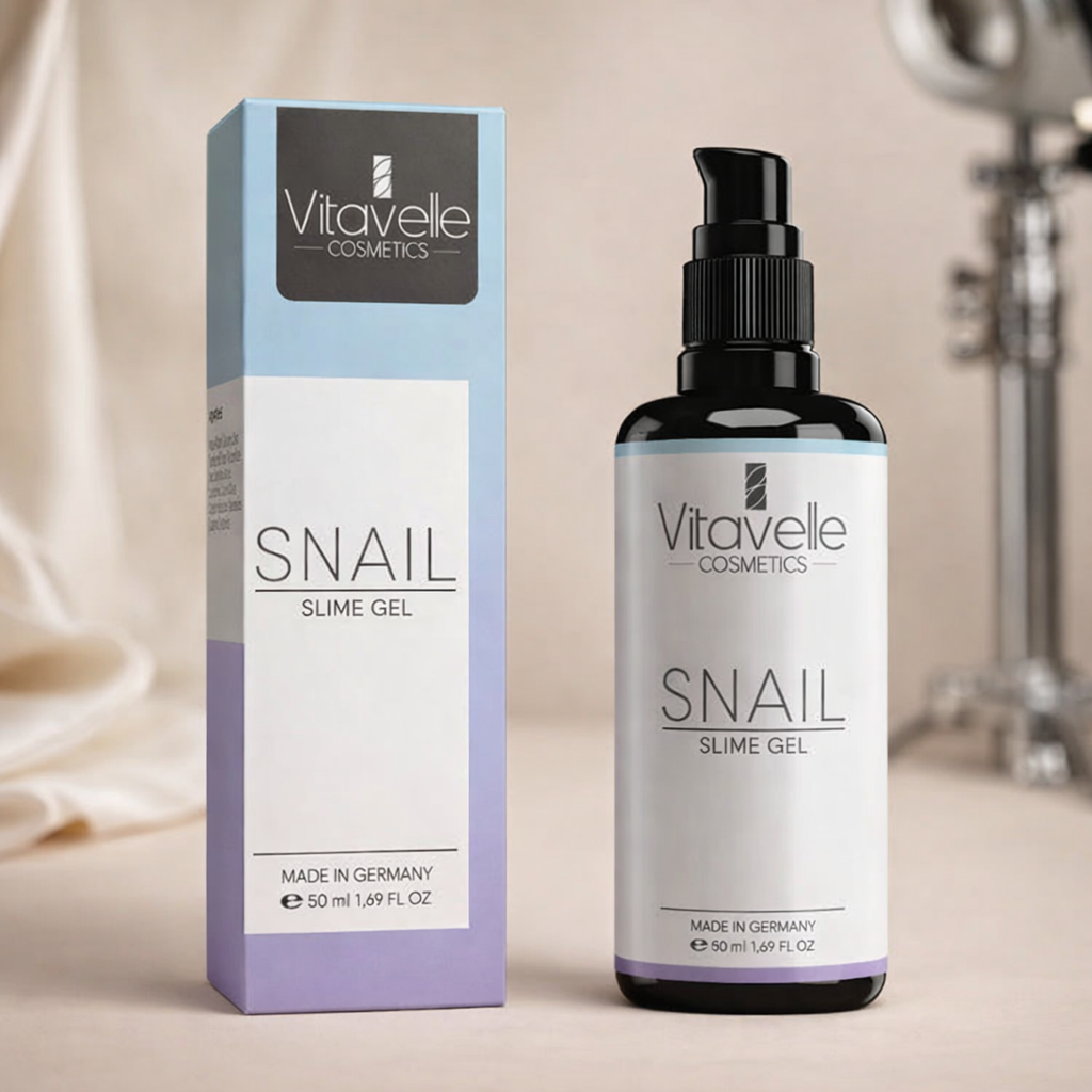 A bottle of Vitavelle Cosmetics Snail Slime Gel sits next to its light blue and purple box.