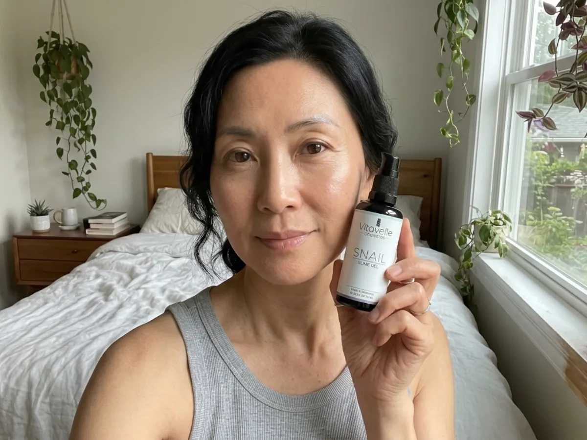 A woman in a grey tank top holds a bottle of Vitavelle Snail Slime Gel in a bedroom.