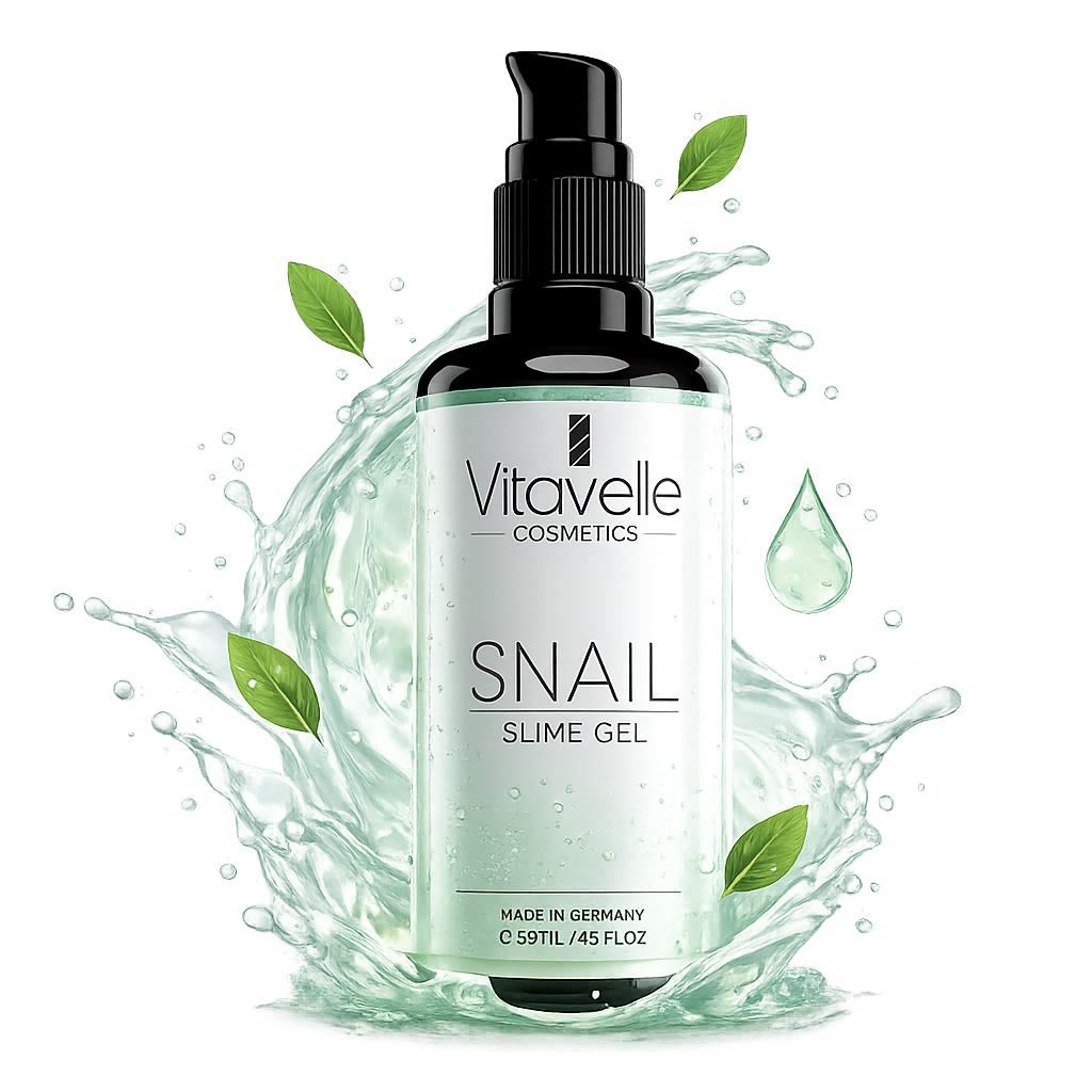 A bottle of Vitavelle Cosmetics Snail Slime Gel surrounded by a splash of liquid and green leaves.