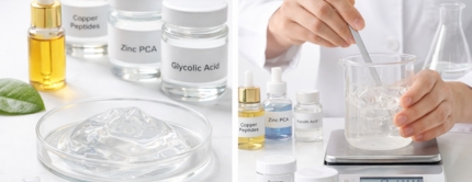 A split image showing cosmetic ingredients and a chemist mixing a clear gel in a beaker on a scale.
