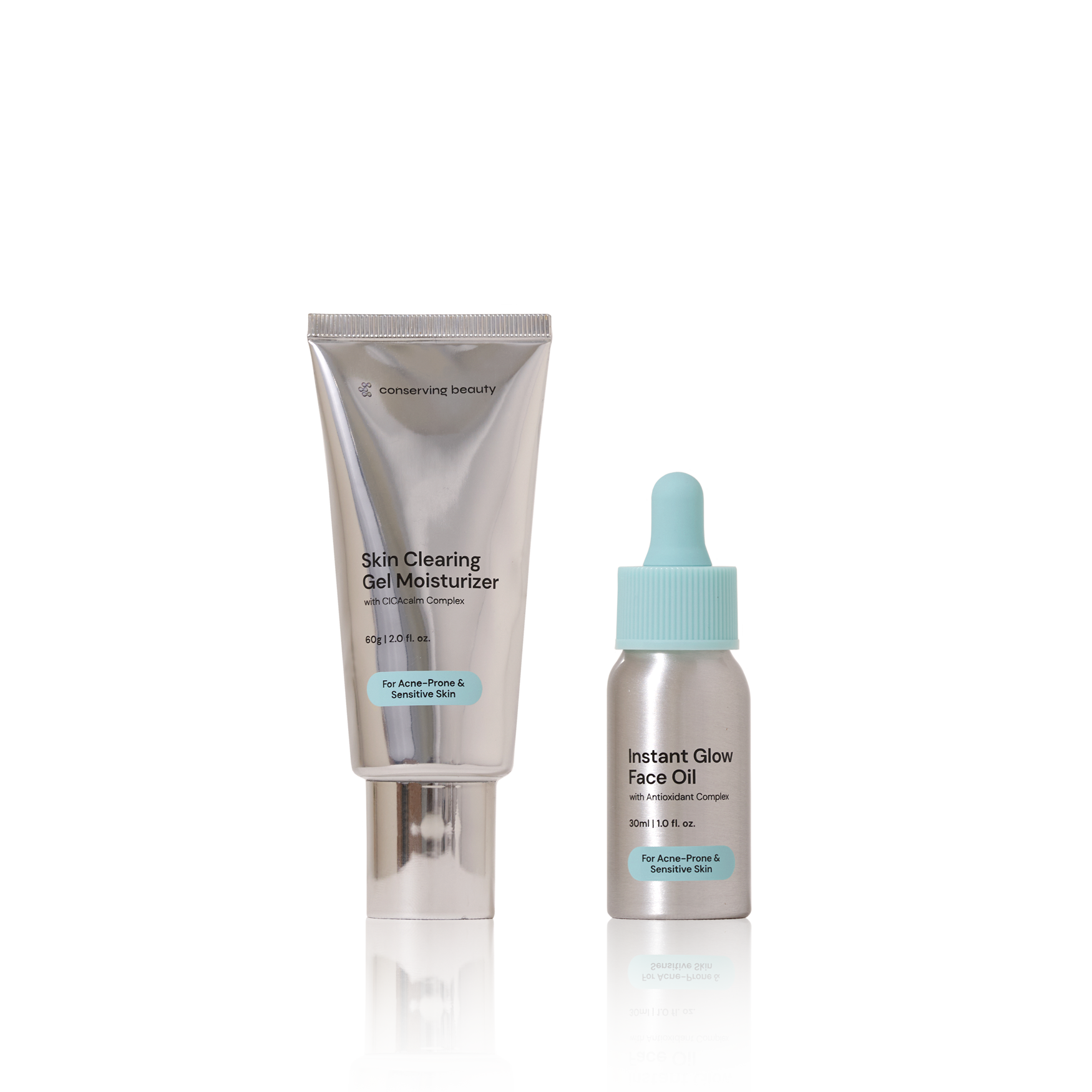 A chrome bottle and tube with moisturizer and face oil inside.