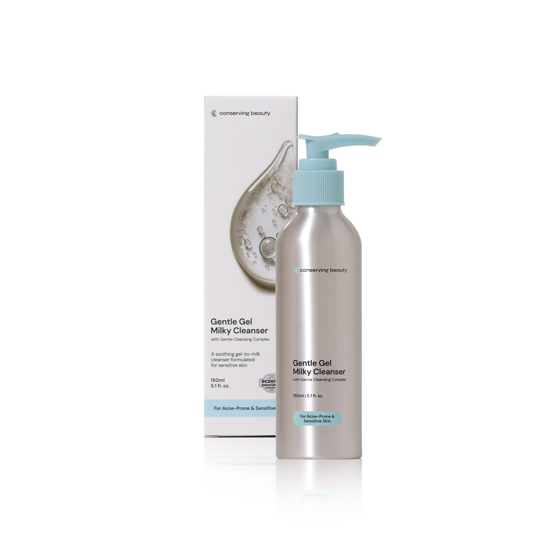 A silver pump bottle of Conserving Beauty Gentle Gel Milky Cleanser next to its white packaging box.