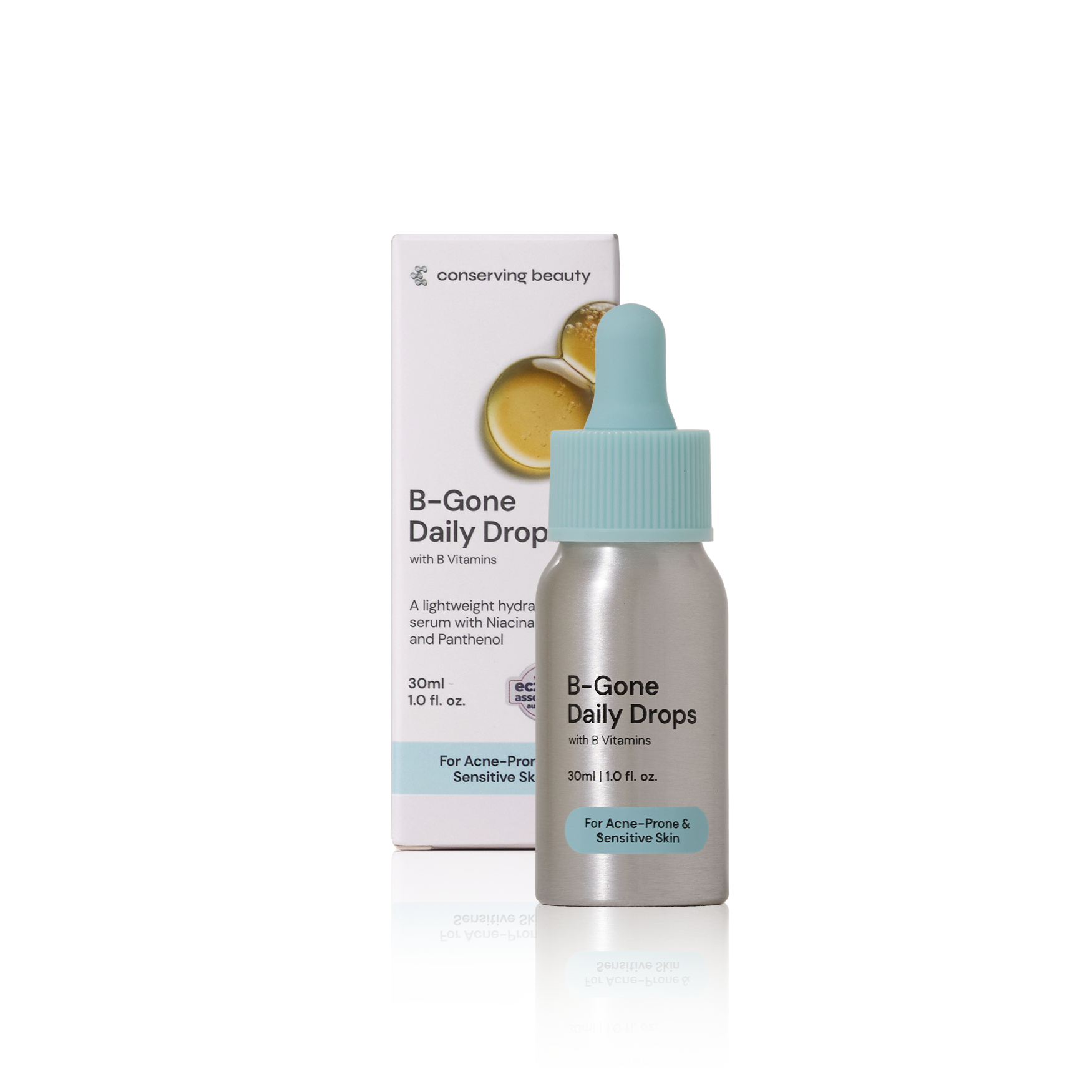A bottle of Conserving Beauty B-Gone Daily Drops serum placed in front of its white packaging box.