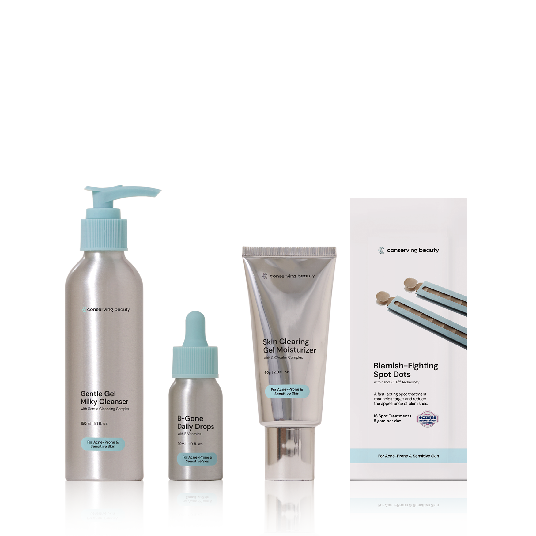 Four Conserving Beauty skincare products for acne-prone skin displayed in a row on a white background.