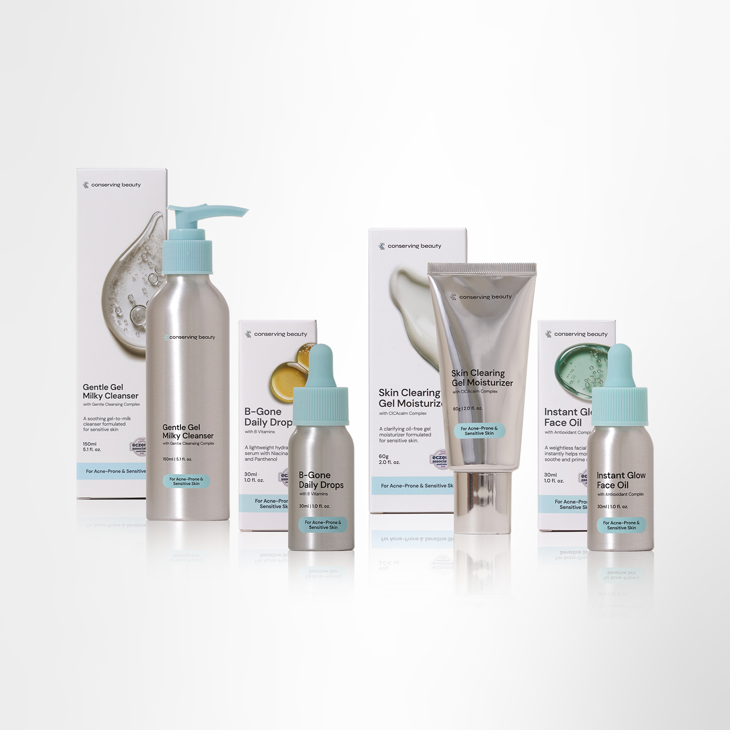 A collection of Conserving Beauty skincare products in silver and light blue packaging on a reflective white surface.