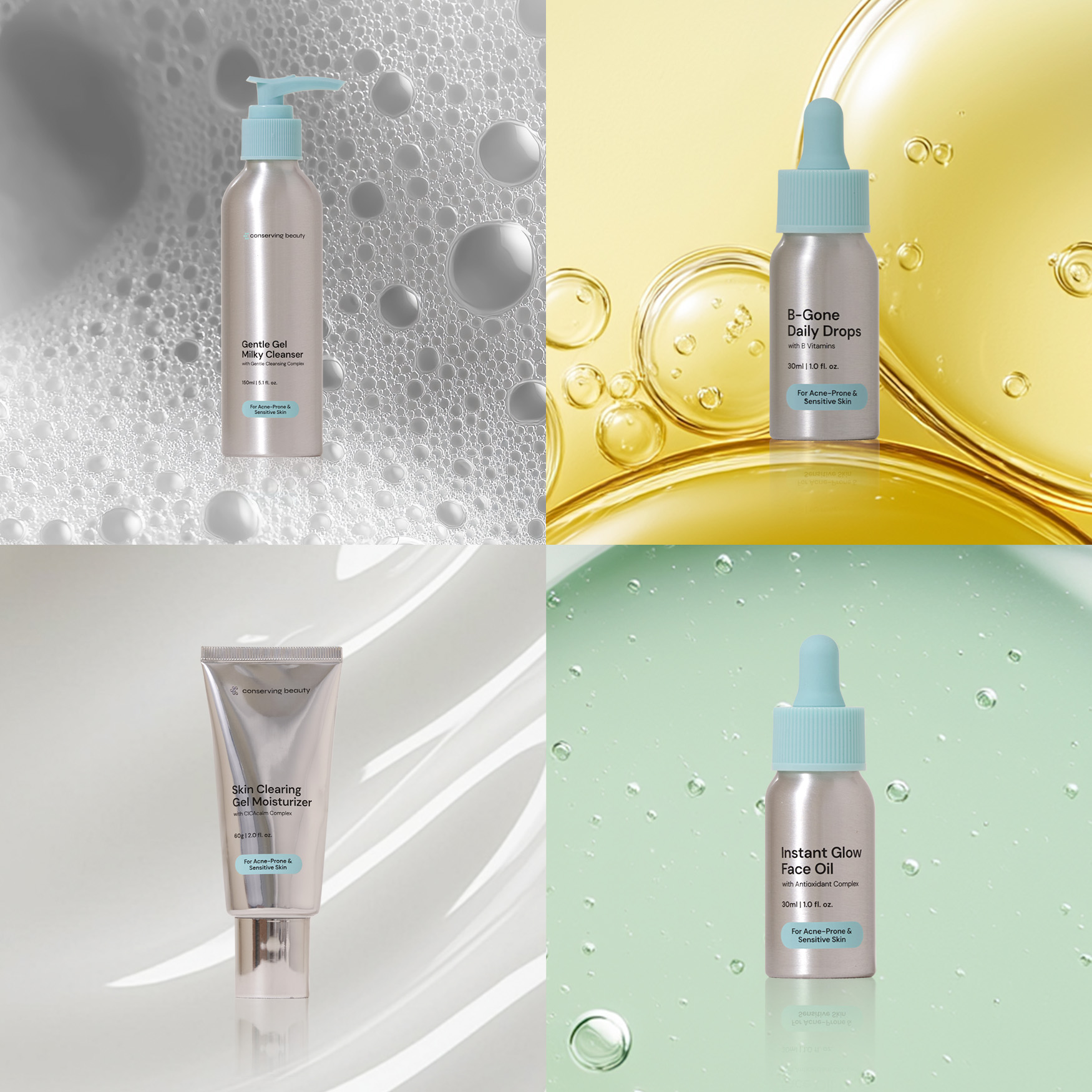 A four-panel grid showing Conserving Beauty skincare products, including a cleanser, drops, moisturizer, and face oil.