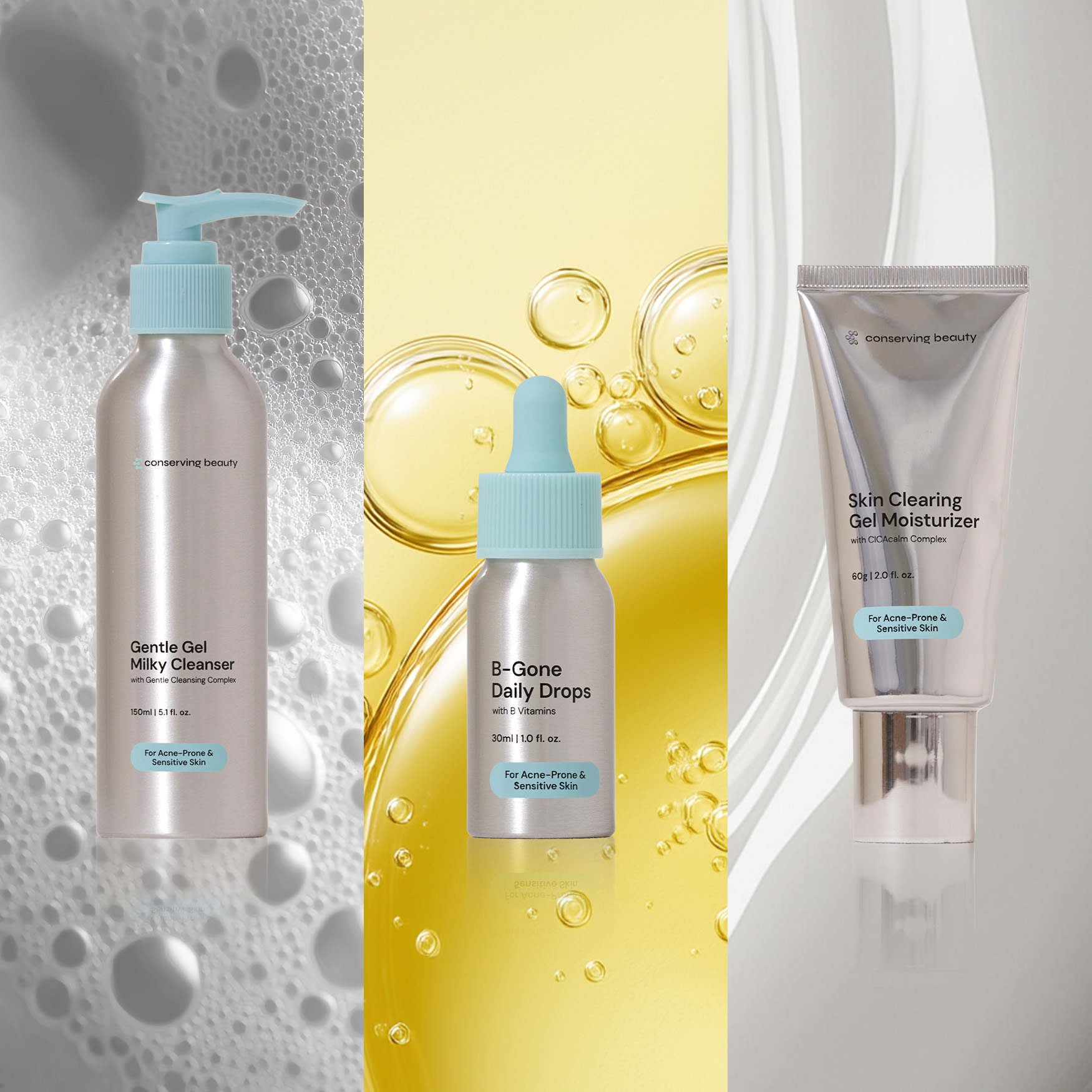 Three silver and blue skincare products from Conserving Beauty against backgrounds of bubbles, oil, and white fabric.