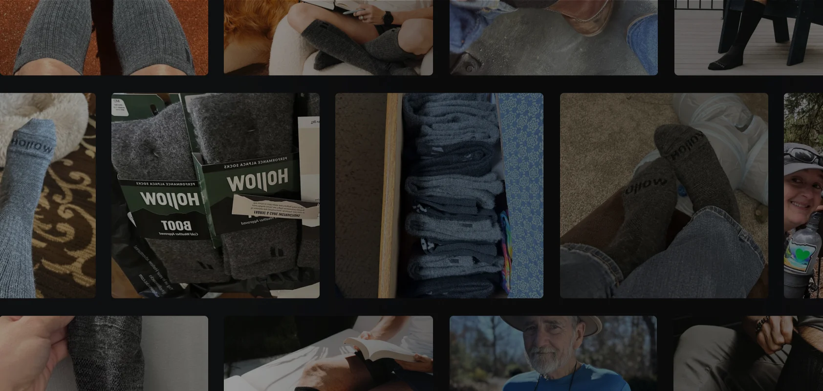 A collage of photos showing people wearing grey socks in various everyday life settings.