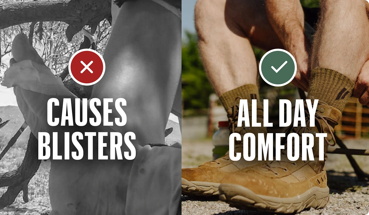 A split image contrasting a foot with blisters against a person wearing comfortable boots and socks.