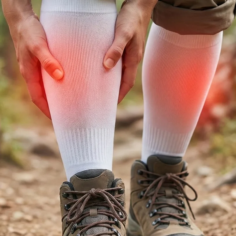 A hiker in compression socks holds their calf, which is highlighted with a red glow to indicate pain.
