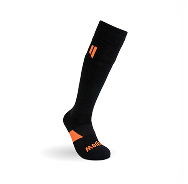 A single black knee-high sock with orange accents on the shin and foot, against a white background.