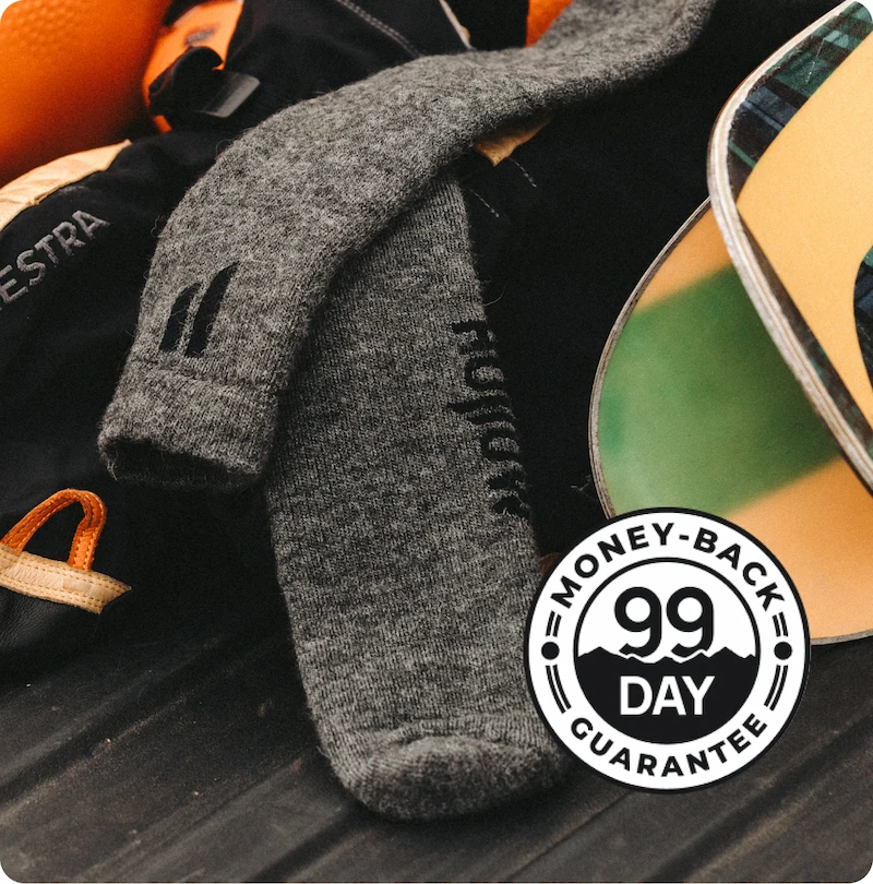 Gray woolen sock with 99-day money-back guarantee symbol.