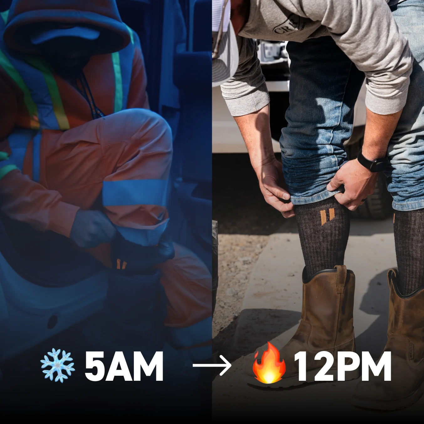 Dressed for cold at 5AM; rolling up sleeves at 12PM, transition from cold to warm.