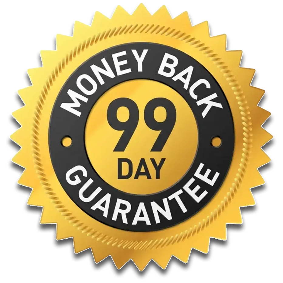 A gold, starburst-shaped seal that reads 'Money Back 99 Day Guarantee'.