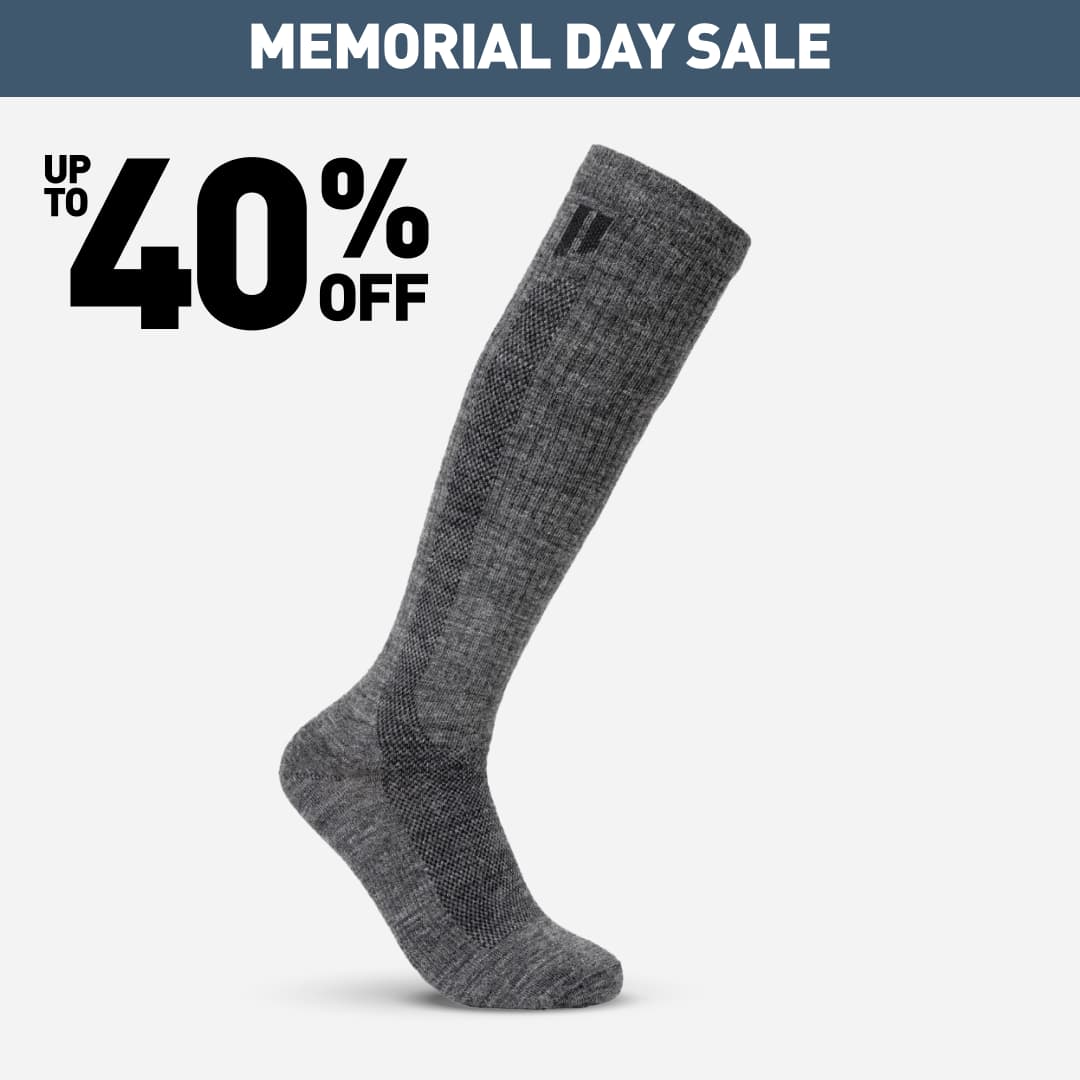 Gray knee-high sock with Memorial Day sale text offering up to 40% off.