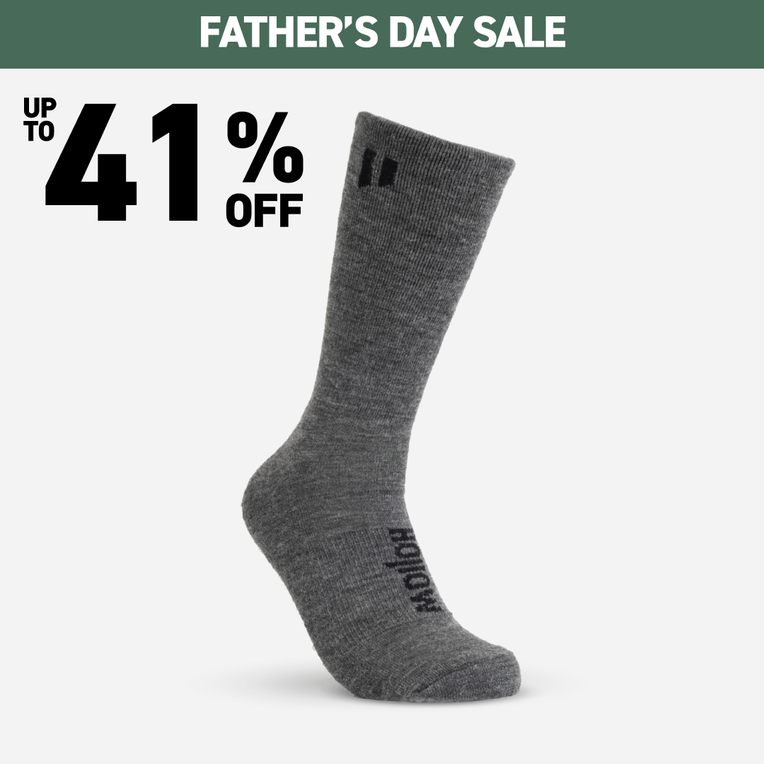 Gray sock with Father's Day sale text offering up to 41% off.