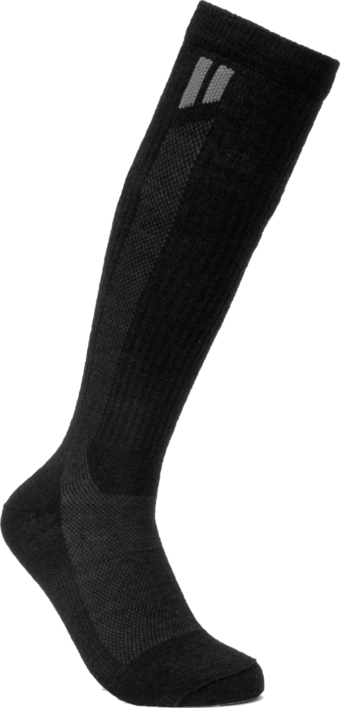 A single black knee-high sock with textured sections and a small grey logo, on a white background.