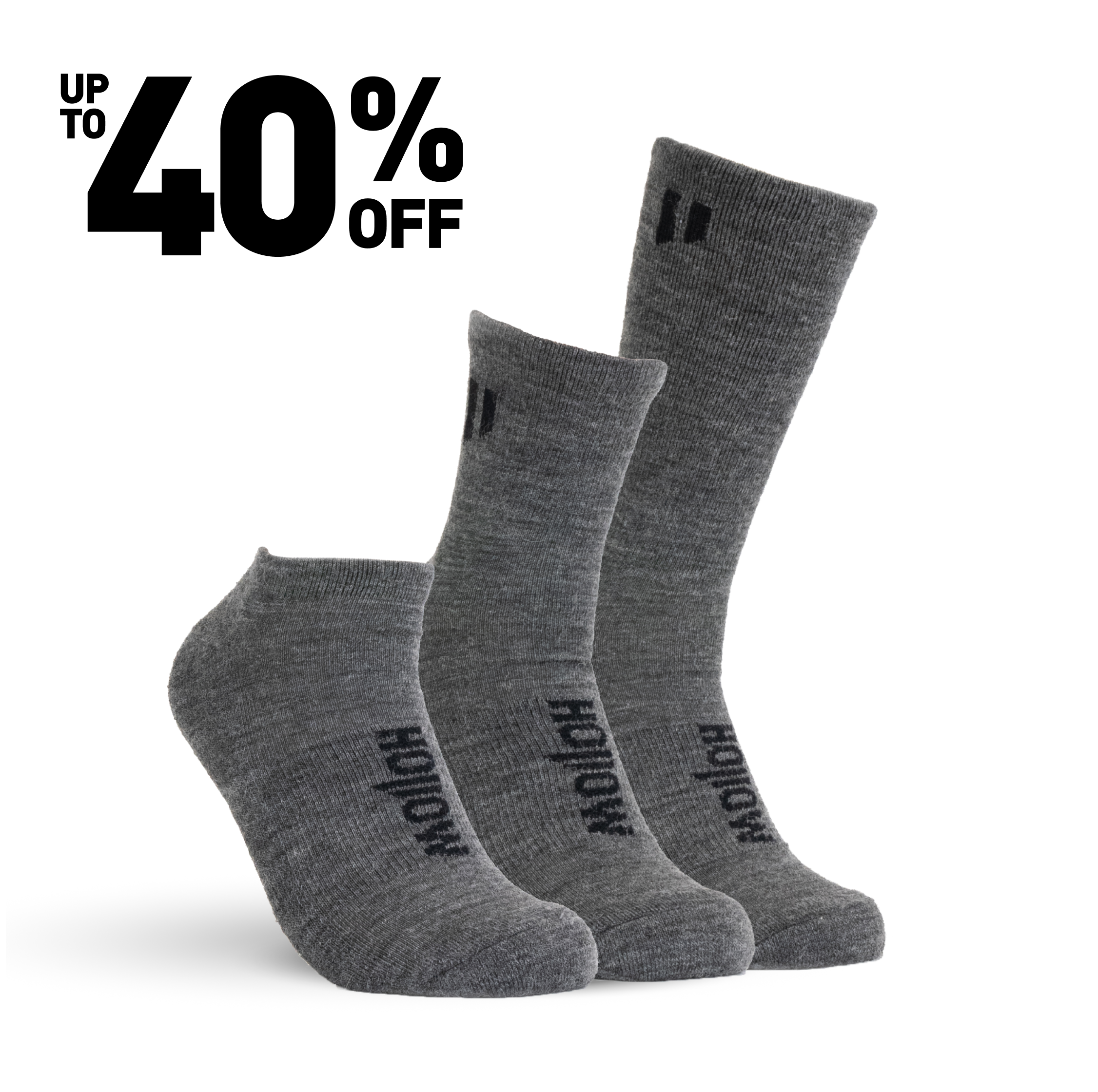 Three pairs of gray socks with a '40% off' discount label.
