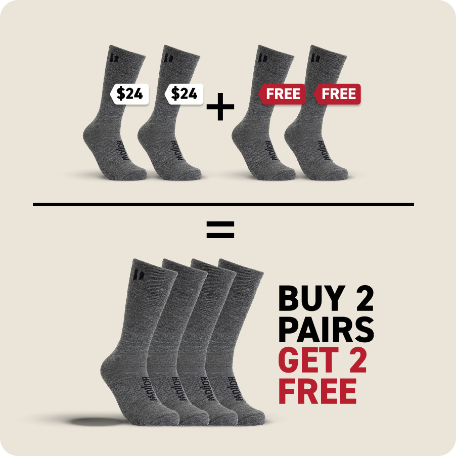 Graphic showing 'Buy 2 pairs, get 2 free' gray socks offer.