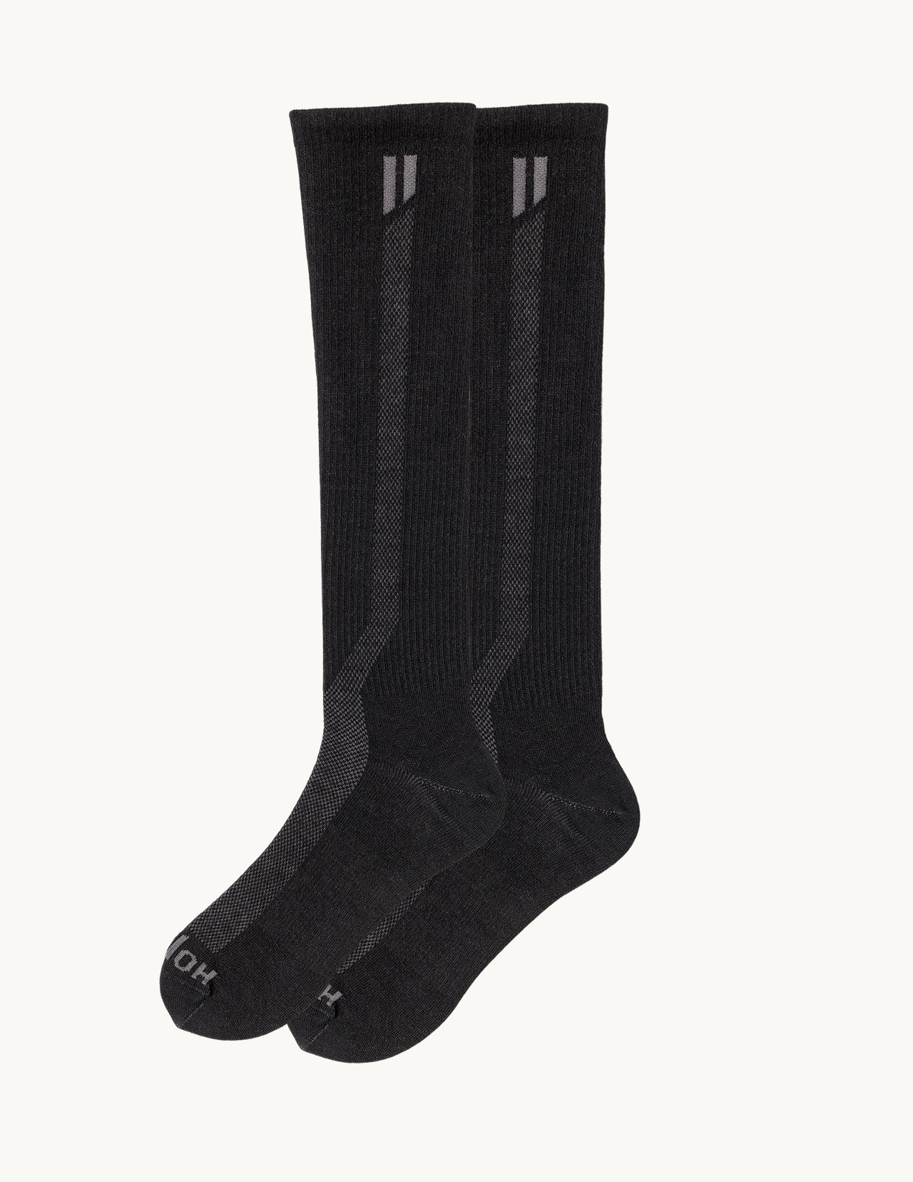 A pair of black, knee-high athletic socks with grey accents against a white background.