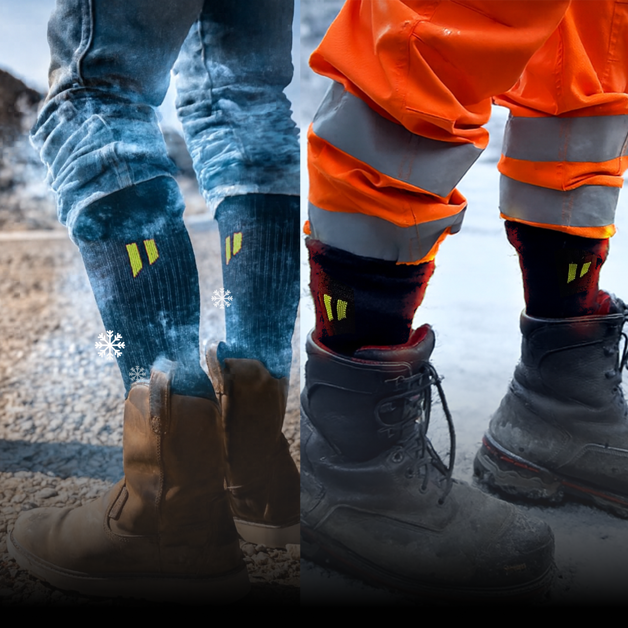 A split image showing a person's legs in work boots and black socks, with frozen jeans and with orange safety pants.