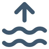 A blue-gray icon of an arrow pointing up from two wavy lines, representing high tide.
