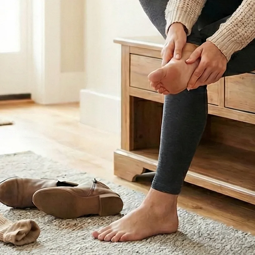 A person sits on a wooden bench, holding their bare foot with both hands after taking their shoes off.