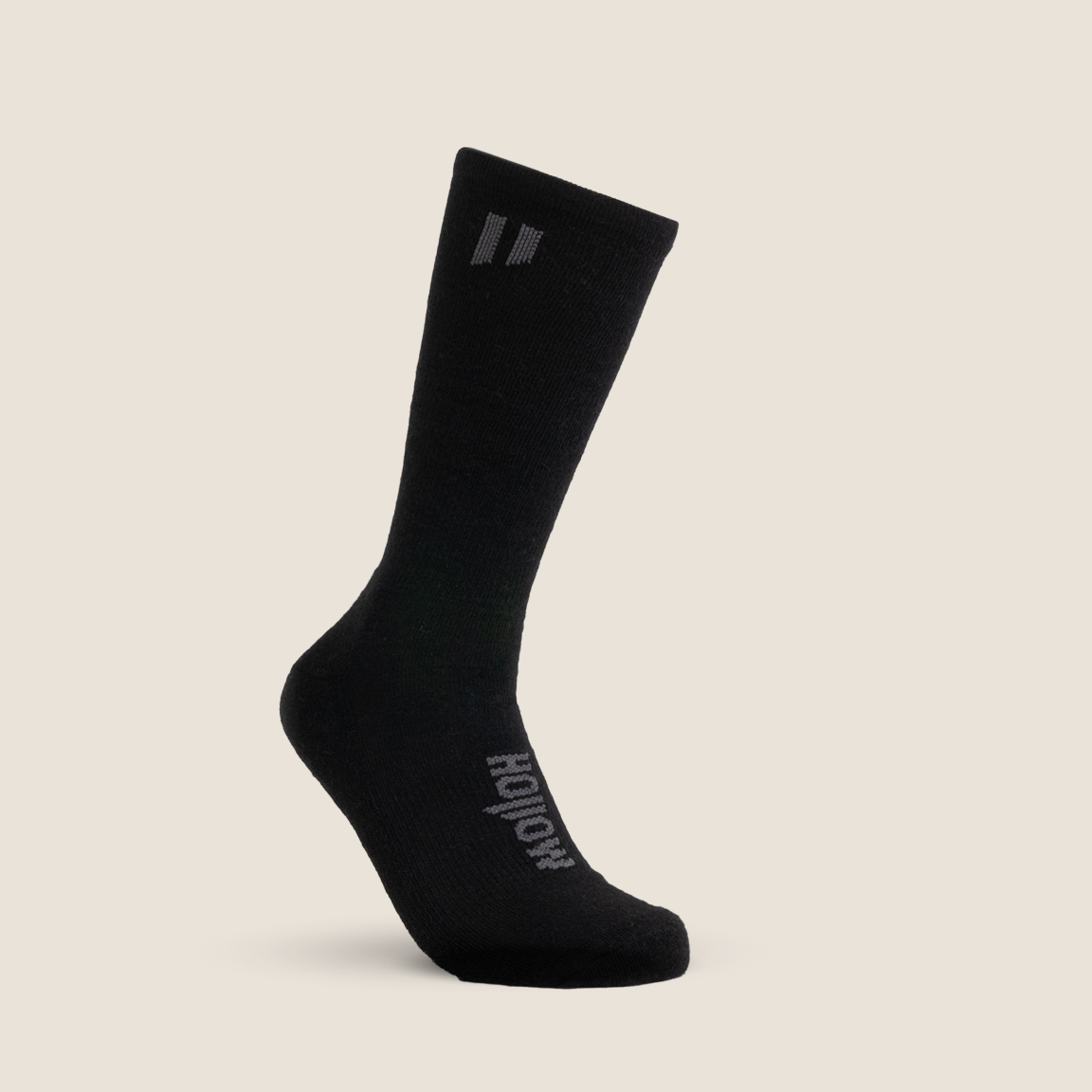 Gray wool knee-high sock with textured pattern on a light background.